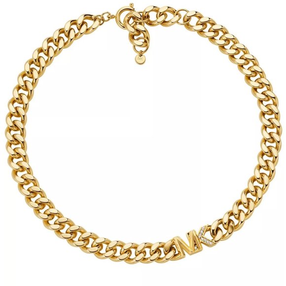 MICHAEL KORS MK Logo 14k Gold Plated Necklace Choker Logo Crystals Chain NWT$250 - Picture 1 of 2